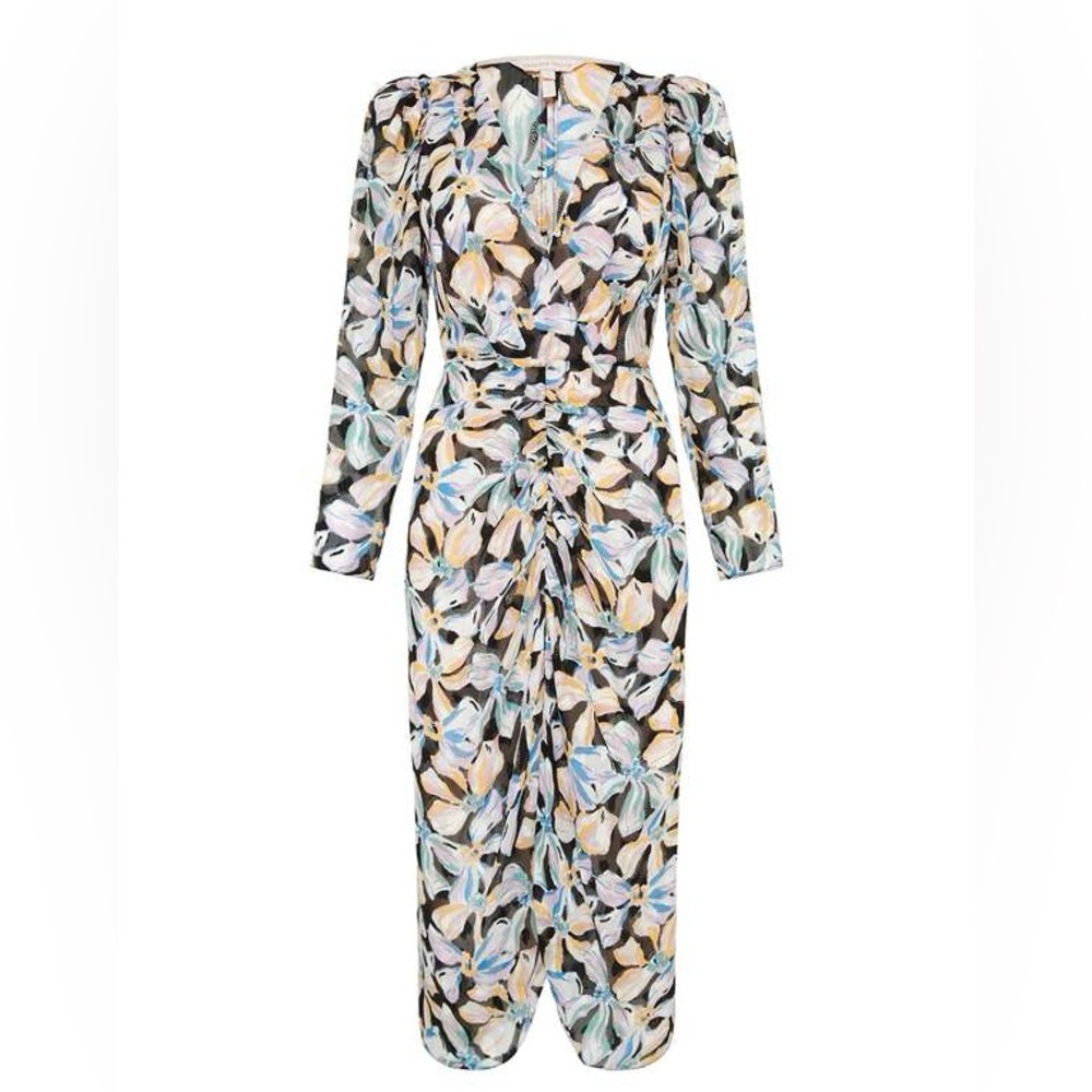 Rebecca Taylor Silk Floral Long Sleeve Bow Fleur Fully Lined Midi Dress Size 10
